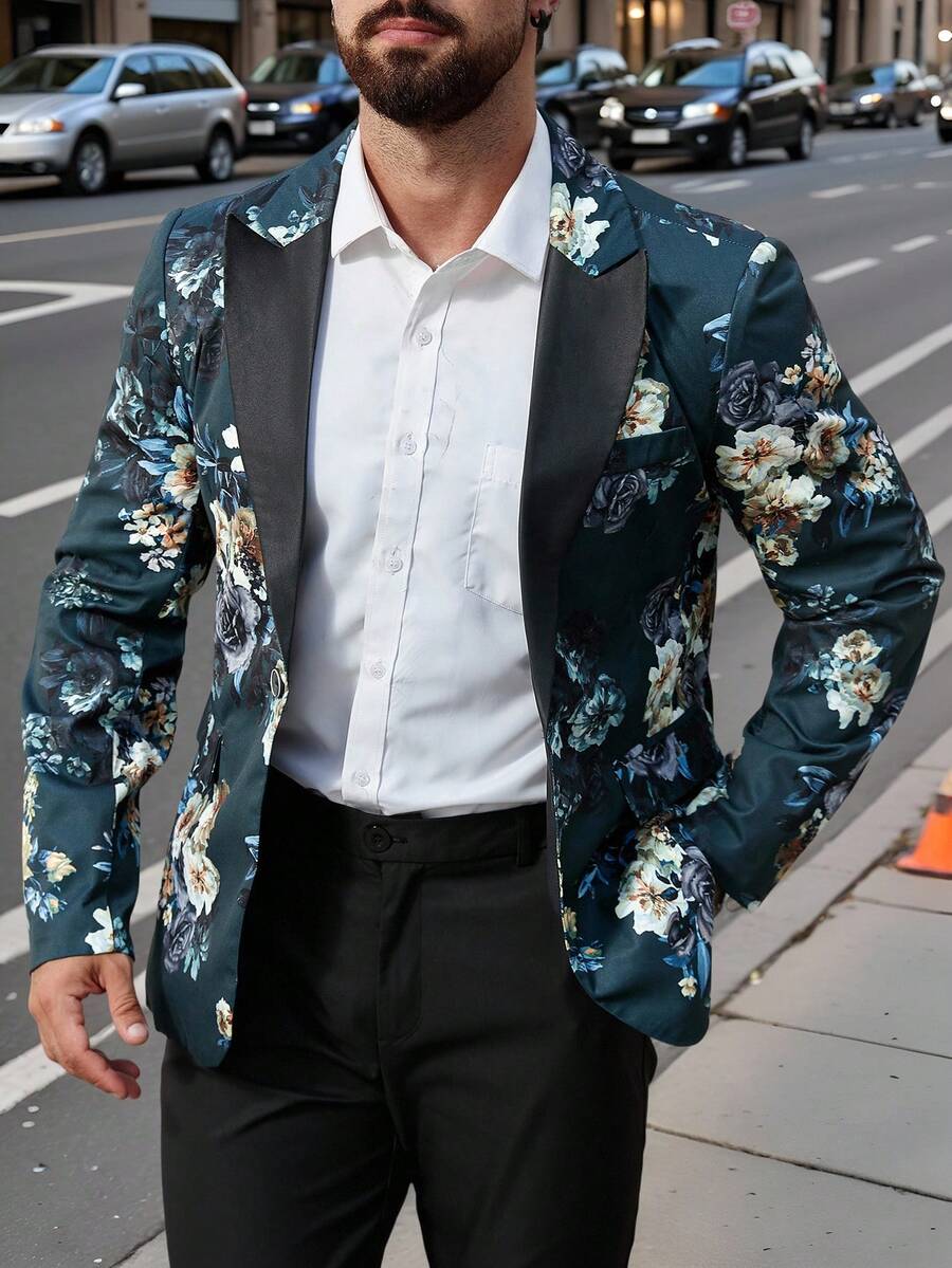 Manfinity AFTRDRK 花卉图案休闲商务通勤长袖男士西装外套 - 綠色 - 查看 1
