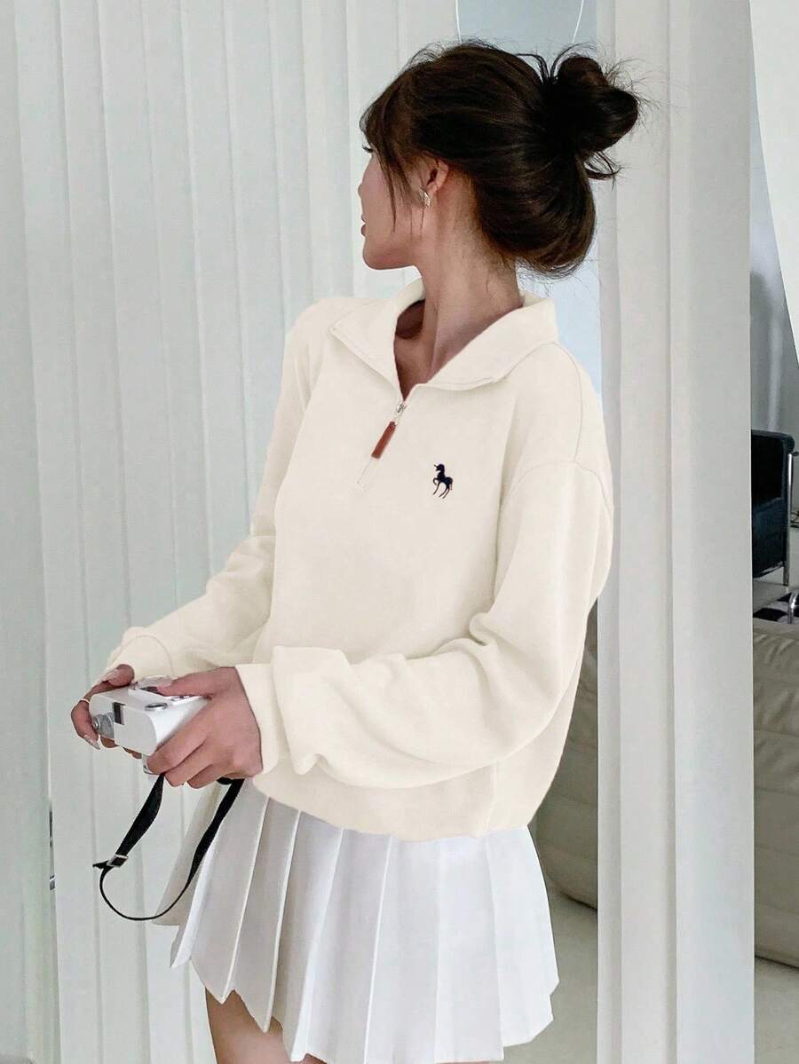 Dazy Kids 青少年/青年女孩宽松休闲图案刺绣运动衫，秋季 - 杏色 - 查看 1