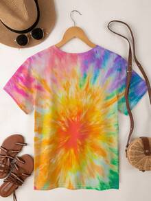 Zolique 女士扎染休闲圆领短袖T恤，春夏季宽松上衣 - 彩色 - 查看 2