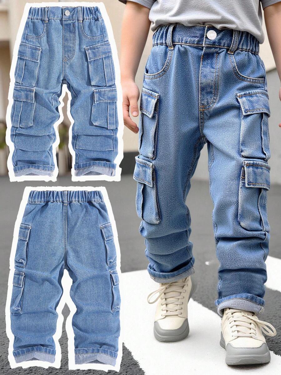 Toddler Boys' Washed Blue Non-Stretch Loose Straight Leg Cargo Pants, Multi-Functional Accordion Pockets, Pleated Workwear Style, Street Fashion, Casual, Vacation, Lightweight, Spring/Autumn Fall Winter - Medium Wash - View 1