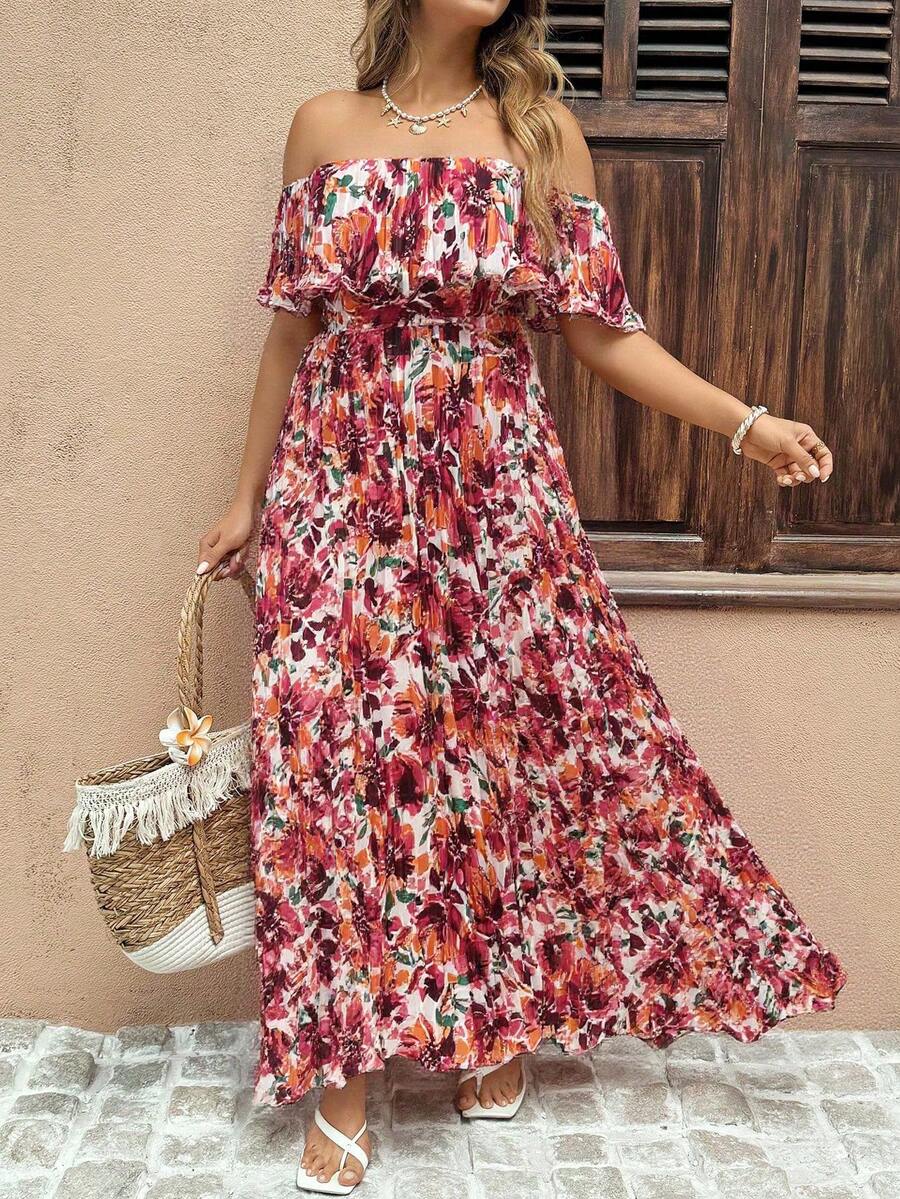 Flirla 浪漫假期雪纺褶饰喇叭短袖长裙 - 白色 - 查看 1