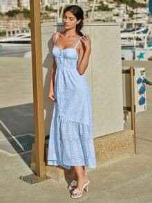 Women's Vacation Burnout Embroidered Single-Breasted Casual Cami Dress - Baby Blue - View 6