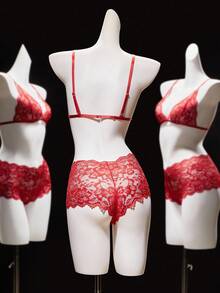 SHEIN 2pcs/Set Lace Wireless Sexy Lingerie Set For Women - Red - View 7