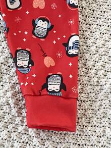 2pcs Baby Girls' Christmas Penguin & Star Heart Print Cozy Casual Crew Neck Long Sleeve Top And Leggings Pajama Set, Autumn/Winter - Red - View 7