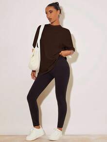 SHEIN BASICS Áo thun nữ dáng rộng cổ đứng màu trơn, dáng rộng, thường ngày - màu nâu - Xem 5