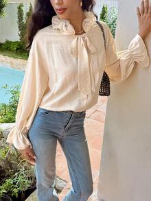 Serisse Blusa suelta con cuello de corbata con volantes y mangas acampanadas, elegante para mujer, primavera/otoño - Albaricoque - Ver 4