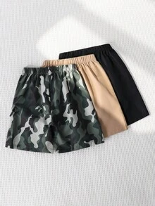 SHEIN 3 件装年轻男童休闲宽松口袋松紧腰短裤，适合日常穿着