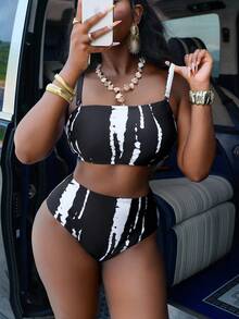 Slaydiva Summer New Women Plus Size Black & White Printed Adjustable Strap Bandeau Bikini 2 Pieces High Waist Swimsuit