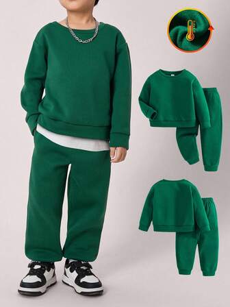 2 piezas Conjunto informal de niño de unicolor con sudadera de cuello redondo de manga larga y ajuste holgado y pantalones con cordón en la cintura y ajuste holgado, verde navidad, adecuado para salidas, fiestas, vacaciones, otoño/invierno