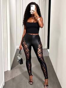 BamGleam Modische sexy Punk Nieten & Spitze Patchwork Skinny Hose