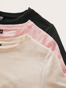 SHEIN EZwear 3 件套女式圆领短袖修身 T 恤，适合夏季外出，黑色、粉色和奶油黄色，95% 纯棉，复古，可爱的夏季上衣，柔软女孩，夏季外出单品，居家，返校，秋季女装，百搭，俱乐部，派对 - 彩色 - 查看 9