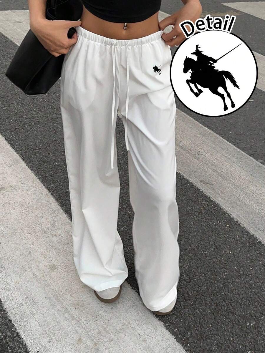 SHEIN EZwear Quần ống đứng dáng rộng thoải mái cho nữ in logo Ngựa Đen, phù hợp cho mùa xuân/thu, trang phục thể thao, phong cách đại học, cổ điển - Nhiều màu - Xem 1