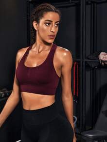 Powerista Women's Solid Color Hollow Design Everyday Fitness Sports Bra (Seamless) Seamless Sports Bra Workout Sports Bra Burgundy Sports Bra Seamless Workout Top Built In Bra Workout Top - Burgundy - View 3