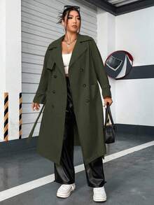 Rustia Plus Size Casual College Style Retro Double-Breasted Notched Collar Side Pocket Long Windbreaker CASUAL