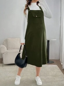 SHEIN 孕妇装翻领口袋吊带直筒长裙 - 軍綠色 - 查看 4