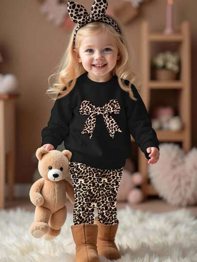 SHEIN Happikins Baby Girl Casual Knit Soft Thick Crew Neck Long Sleeve Sweatshirt And Leggings Set, Black, Suitable For Autumn/Winter Fall Two Piece Winter Outfits For Toddler Girl Animal Print Clothes Toddler Baby Girl Clothes With Bow For Fall Toddler Girl Clothes Black Baby Girl Leopard Outfit