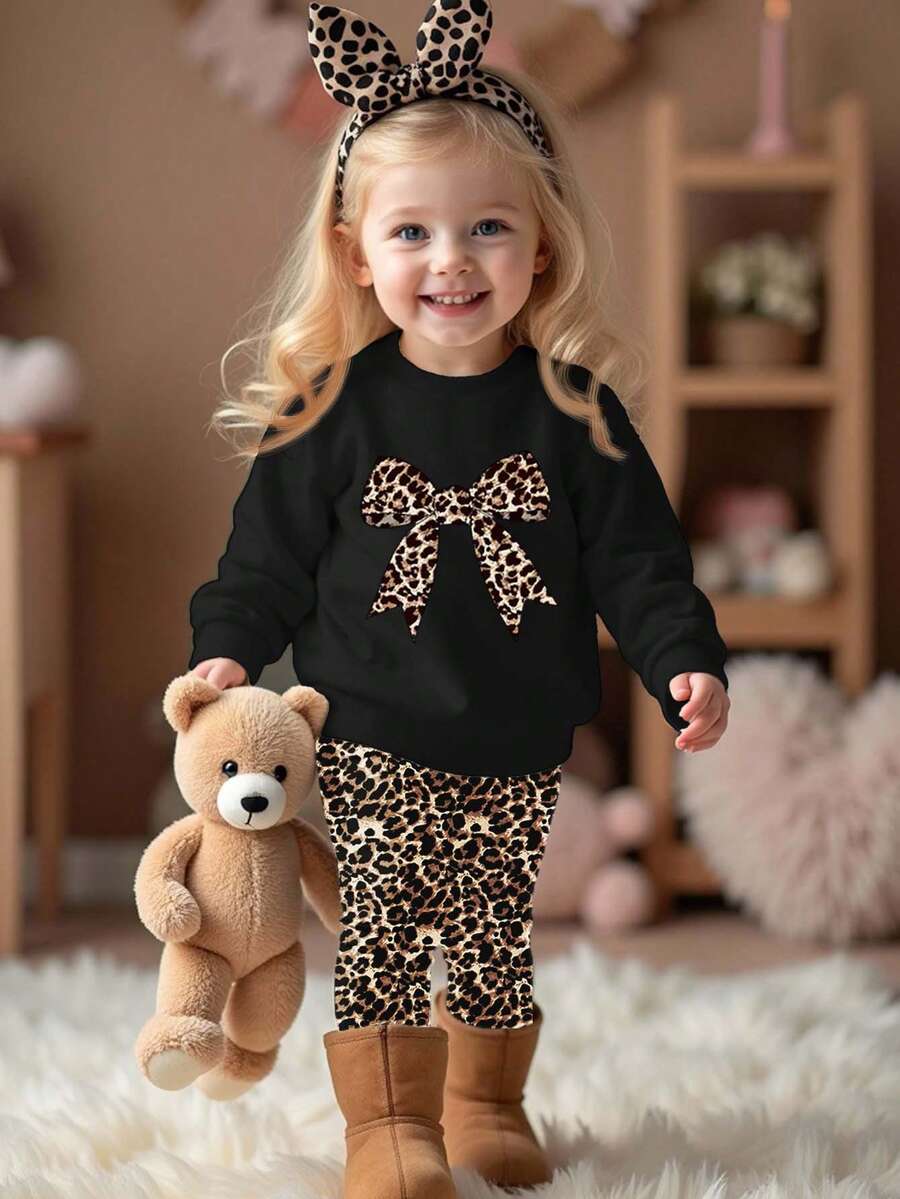 SHEIN Happikins Baby Girl Cute Black Autumn Winter 2pcs Outfit,Long Sleeve Leopard Print Bow Sweatshirt And Leggings Set,Casual Family Matching Clothes - Multicolor - View 1