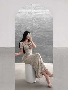 Feyla Váy dài họa tiết bướm thanh lịch dành cho nữ, mùa hè - Màu be - Xem 5