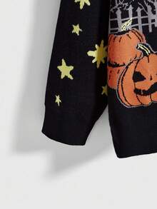 ROMWE Goth Cardigan tricotat pentru femei, cu imprimeu gotic de dovleac, cu copac ofilit, lună și pisică misterioasă, pentru Halloween - Negru - Vizualizare 4