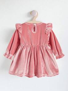 SHEIN 春秋季宝宝女童儿童时尚简约可爱甜美粉色天鹅绒柔软面料花蕾长袖圆领蝴蝶结图案纽扣上衣日常穿搭必备 - 紅木色 - 查看 2