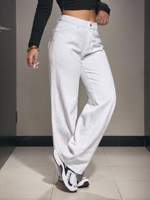 SHEIN PETITE 女式休闲纯色斜口袋阔腿牛仔裤 - 白色 - 查看 6
