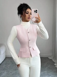 Elenzga Women's Autumn/Winter Waist Cinched Elegant Front Button Detailed Top - Pink - View 1