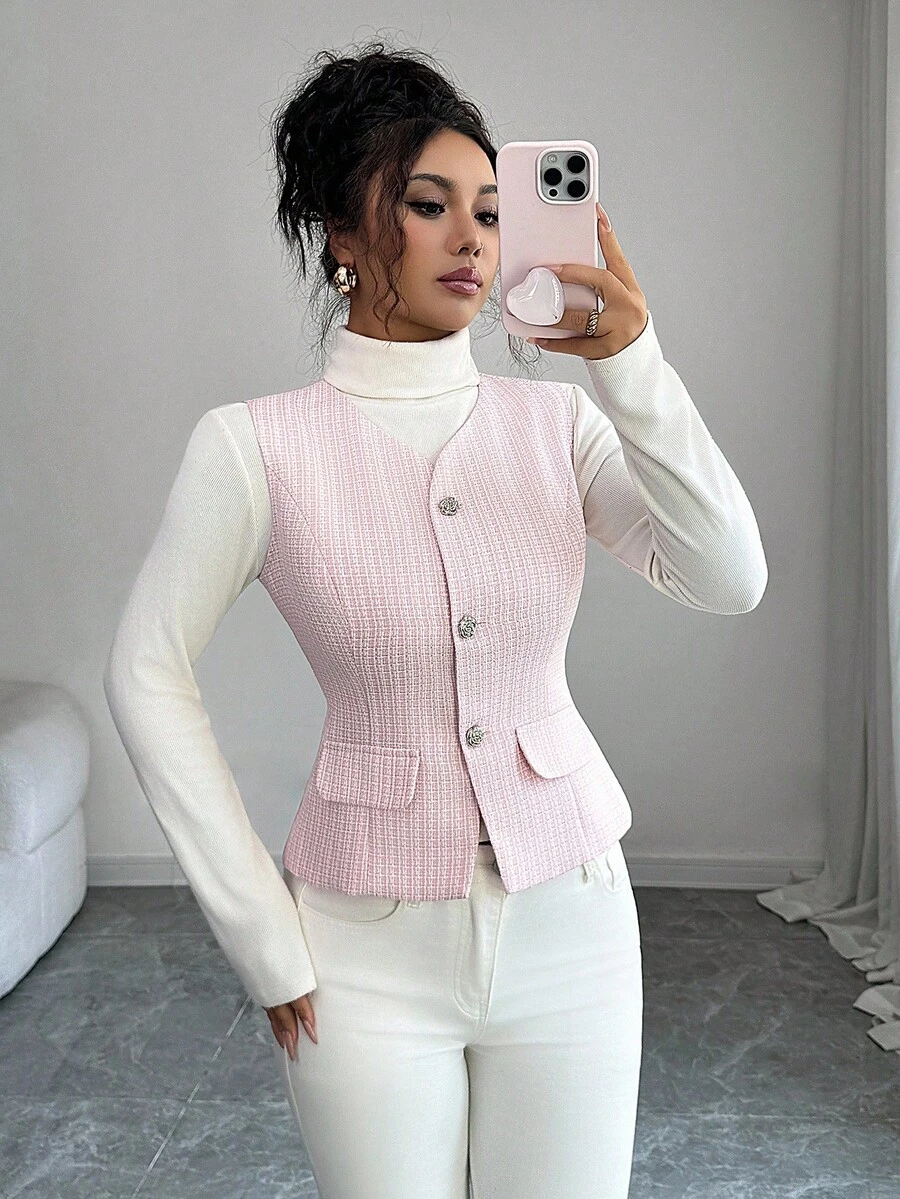Elenzga Women's Autumn/Winter Waist Cinched Elegant Front Button Detailed Top - Pink - View 1