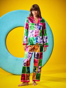 Chillnights X LOONEY TUNES Damen Cartoon Muster Farbblock Langarm Top & Hose Pyjama Set, Damen Pyjamas mit grafischem Muster, Cartoon Muster Pyjamas, bunte Pyjamas, Herbstkleidung