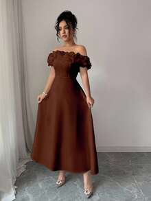 Elenzga 新款秋季优雅法式 3D 花卉露肩 A 字裙，适合宴会、返校、教师装、万圣节、感恩节 - 鏽棕色 - 查看 3