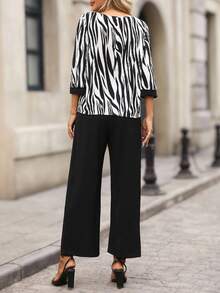 EMERY ROSE Conjunto casual de 2 piezas de camisa de cuello redondo de manga 3/4 y pantalones con estampado de cebra para mujer, ropa de otoño para mujer, conjunto elegante con estampado animal, conjunto chic de mujer, conjunto de 2 piezas para mujer en otoño - Negro - Ver 2