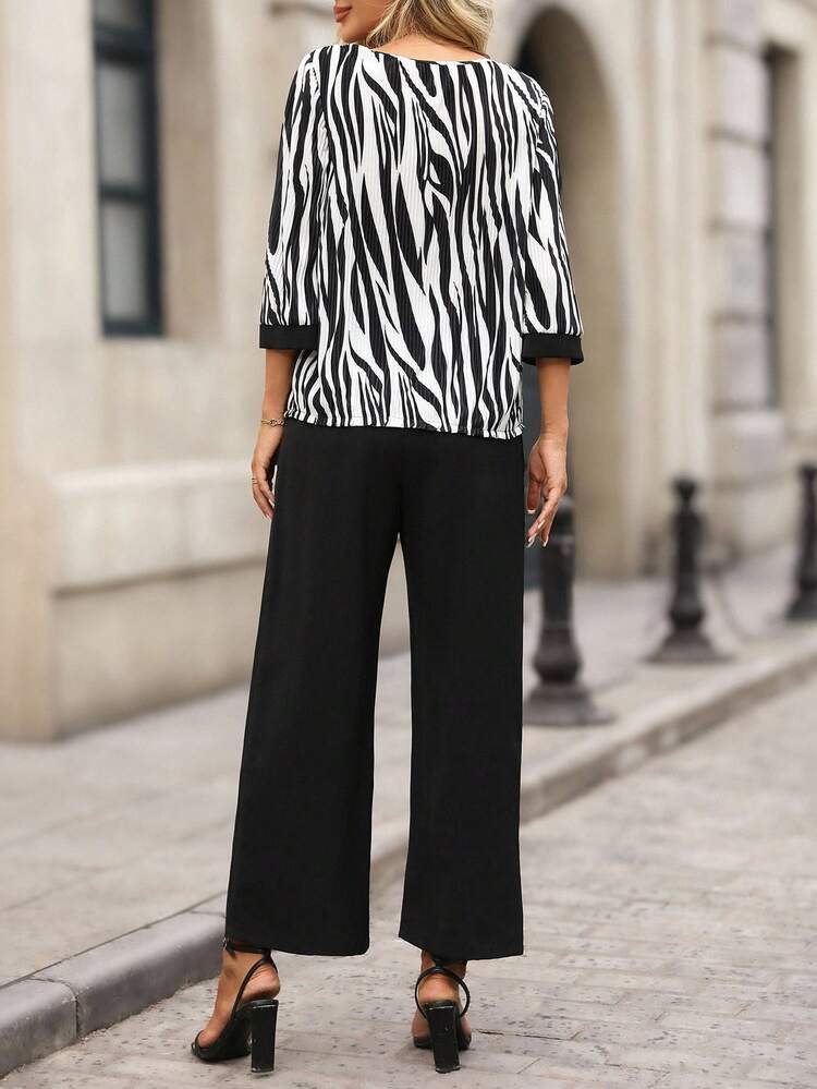 Women's Zebra Print Round Neck 3/4 Sleeve Shirt And Pants Casual Loose 2 Pieces Set Fall Clothes For Women Zebra Print Top Animal Print Outfit Elegant Women's Set Chic Women's Set Two Pieces Set For Women Fall Sets Outfit Sets For Women 2 Pieces Sets For Ladies