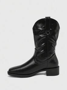 Daringsoles 新款复古方头中跟短靴，百搭弹性后拉链踝靴，女士款，秋/春季 - 黑色 - 查看 6