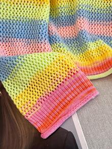 GlowEve Women's Casual Colorful Striped Hollow-Out Knit Sweater, Spring/Autumn - Butter Yellow - View 5