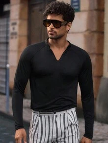 Manfinity NXTstreet Men's Casual Raglan Sleeve V-Neck Long Sleeve T-Shirt, Fall - Black - View 4