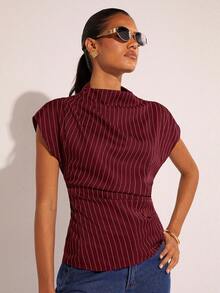 COSMINA 女士条纹印花褶皱领优雅衬衫 红色上衣 - 酒紅色 - 查看 5