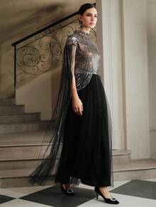 Anewsta 女式高端派对/节日串珠拼接高领时尚连衣裙 - 黑色 - 查看 6