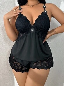 SHEIN Plus Size Lace Patchwork Elastic Knit Sexy Backless Camisole & Shorts Pajama Set Lingerie Short Set Lingerie Sleep Set