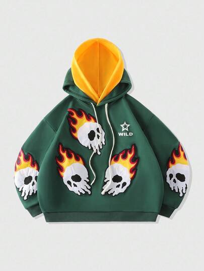 Street Life Sudadera con capucha oversize con bordado de esqueleto para hombres, estilo corto y suelto, otoño e invierno