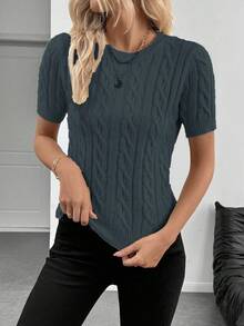 EMERY ROSE Blogger-Inspired Twist Rope Decor Round Neck Knit Sweater, Versatile, Autumn/Winter