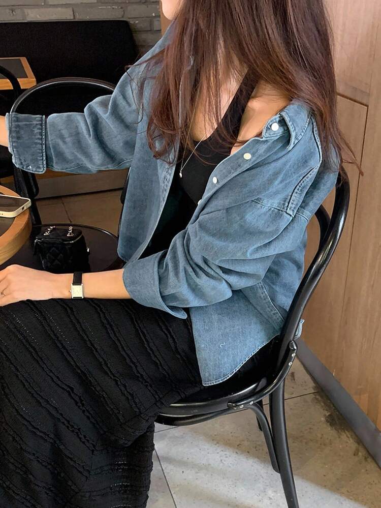 Stylish Long Sleeve Loose Turndown Collar Denim Shirt