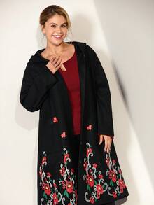 Momelise 大码女式休闲连帽印花口袋长袖大衣