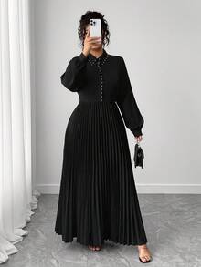 Elenzga Vestido plisado de línea A elegante y minimalista, vestido de trabajo de manga larga con cuello contrastante con tachuelas - Negro - Ver 4