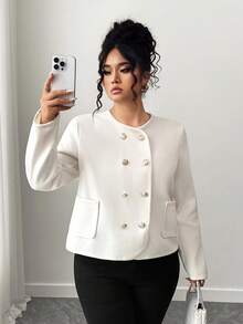 Elenzga Plus Size Double-Breasted Short Jacket Fall Winter Cloth For Women Autumn - Beige - View 4