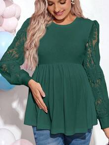 Loomaby Maternity Green Sheer Long Sleeve Round Neck T-Shirt Green Maternity Top Maternity Top Green Top Green Lace Maternity Top Lace Maternity Top
