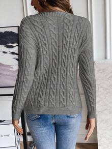 EMERY ROSE 女士休闲日常简约纯色落肩宽松麻花针织套头衫，秋冬 - 灰色 - 查看 2