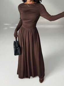 SHEIN PETITE 女式纯色修身长袖连衣裙，韩版风格 - 棕色 - 查看 7