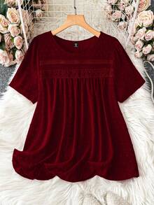 SHEIN LUNE Plus Size Summer Casual Solid Color Patchwork Lace Short Sleeve Shirt - Burgundy - View 1
