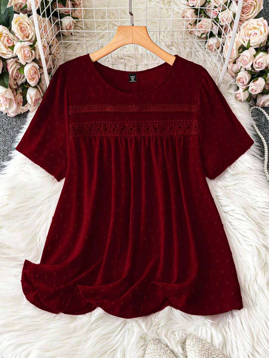 SHEIN LUNE Plus Size Summer Casual Solid Color Patchwork Lace Short Sleeve Shirt - Burgundy - View 1