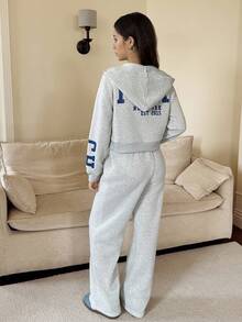 少女休闲街头风格字母印花连帽衫和运动裤套装，秋冬 - 灰色 - 查看 6