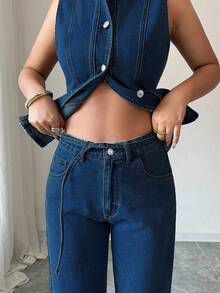 Elenzga Women's Denim Sleeveless Button Waist Vest And Pants Set - Dark Wash - View 5